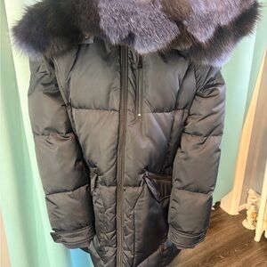 Luxurious Navy Blue/baby blue ombré Fox Fur-Trimmed hooded 3/4 length coat